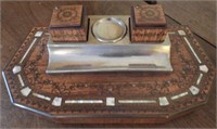 Inlaid MOP decorated inkwell & brass decorared