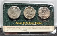 Display Of 3 Years Of S.B. Anthony Dollar Unc: