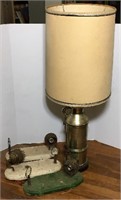 Large Brass Base Lamp and 3 Wood Back