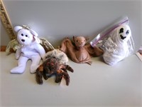 4 Beanie Babies, spider, bat, ghost and bear