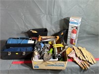 Box of garden tools, and lunchbox