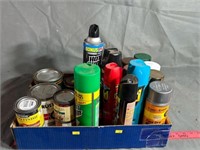 Box of aerosol and stage stains, varnish, and varn