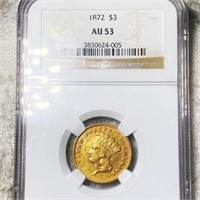 1872 $3 Gold Piece NGC - AU53