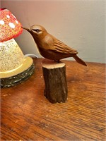 Vintage Handcrafted Bird Figure on Wood Stump