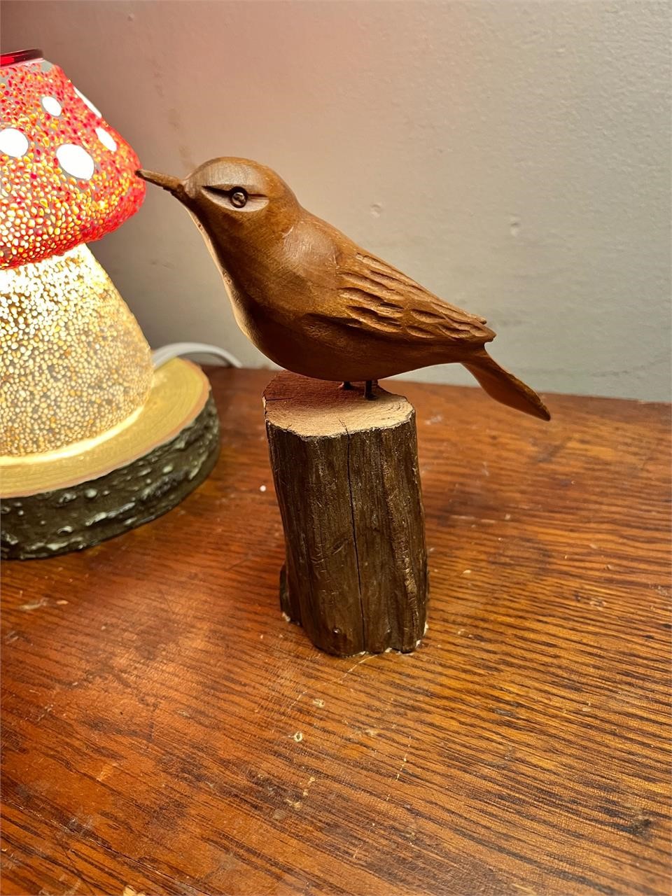 Vintage Handcrafted Bird Figure on Wood Stump