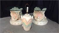 2 Clam w/ Pearl Glass Top Side Tables & Lamp - 10B