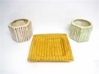 2 CERAMIC PLANTERS & YELLOW CERAMIC SQUARE PLATE