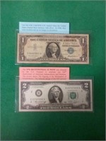 Old silver certificate & 1976 Bicentennial $2 note