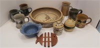 POTTERY MUGS + POTTERY DISHES + FISH TRIVET