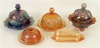 Five Carnival Glass Butter Dishes