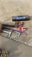 Tape Measure, Tri Pod, Tool box with misc,