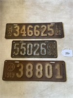 3 Ohio License Plates - 1918, 1919, & 1920