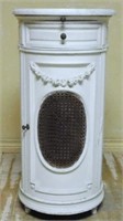 Louis XVI Style Painted Round Caned Side Cabinet.