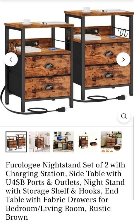 Set of 2 Nightstands w/Charging Ports-Rustic Brown