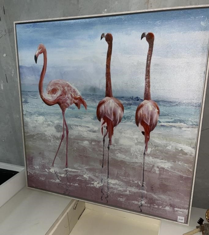 Enhanced Canvas “ the 3 Flamingos “  32.5 x 32.5