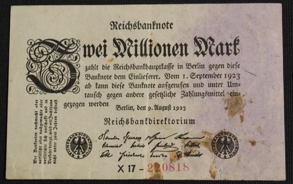 1923 GERMANY 2 MILLION MARKS VF STAIN