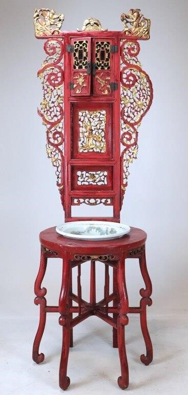 Ornate Red & Gilt Chinese Wash Stand & Basin
