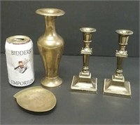 Four Solid Brass Pcs Candle Set, Vase & Pocket