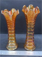 2 Carnival Glass Flung Vases (9" & 10"H).