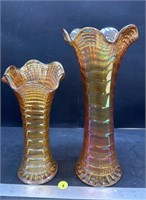 2 Carnival Glass Flung Vases (9.5" & 12").