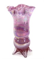 Signed Iridescent Lavendar Vase w Ruffles 11.75"