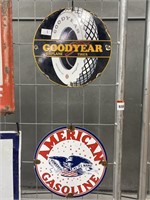 2 x Enamel Signs Goodyear & American Gasoline -
