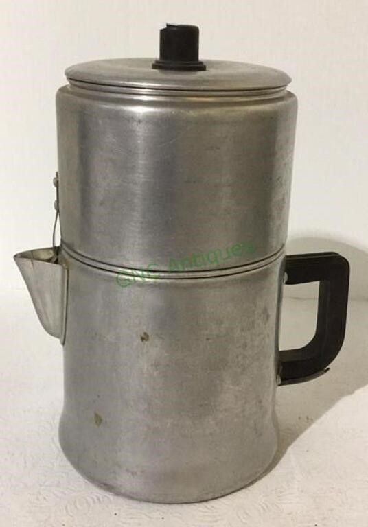 Aluminum coffee pot for camping measuring 9 1/2