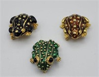 3 Frog Brooches Pins One Signed Cinder