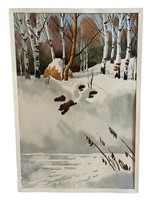 Mid Century Watercolor Winter Landscape Scene