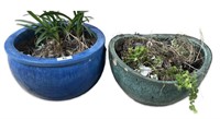 (2) Large Green & Blue Glazed Art Pottery Planters