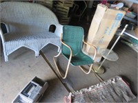 GROUP - WICKER BENCH, CHAIR, FAN COIL UNIT, RUG