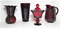 Vintage Ruby Glassware- Vases, Candy Dish