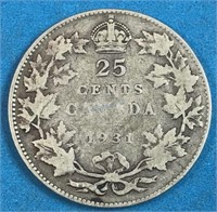 1931 25 Cents Silver Canada