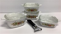 5 pc Corning Ware bakers with stovetop handle.