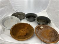3 Pcs Graniteware & 2 Wooden Bowls