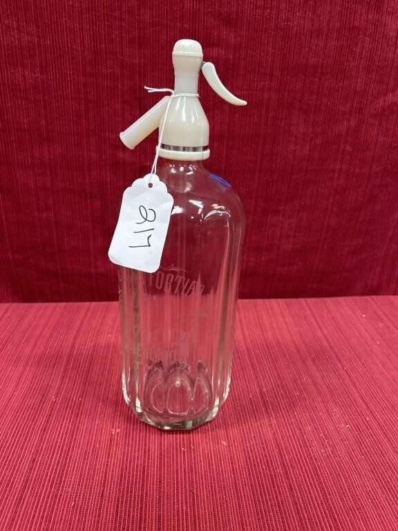 Crystal Seltzer bottle etched Elzear Fortier