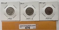 3-1937 Buffalo Nickels