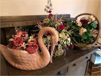 Ceramic Swan and baskets with dried flowers