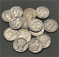 Lot Of 15 Mercury Head Silver Dimes