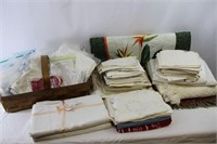 Assorted Vintage Linens & Wooden Basket