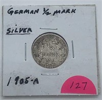 1905-A German Silver 1/2 Mark Coin, Over 100