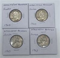 (4) Silver Washington Quarters: (2)1963 & (2)1964