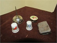 2 Porcelain Thimbles, Sewing Machine Oil Can,