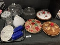 Glass Cake Stand, Pie Plates w/ Lids, Milk Glass.
