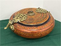 Brass and wood hand painted bowl hinged lid