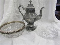 3PC SILVERPLATE COFFEE POT AND (2) CRYSTAL