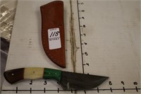 DAMASCUS KNIFE WITH TOOLED LEATHER SHEATH