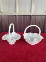 Fenton pair of white hobnail baskets