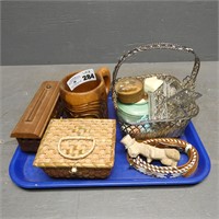 Silver Plated Basket, Wooden Mug - Sewing Items