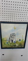 Blue wood frame kitten and butterfly painting by
